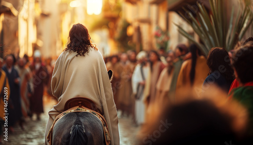 Jesus on Palm Sunday, on a donkey, received by the crowd