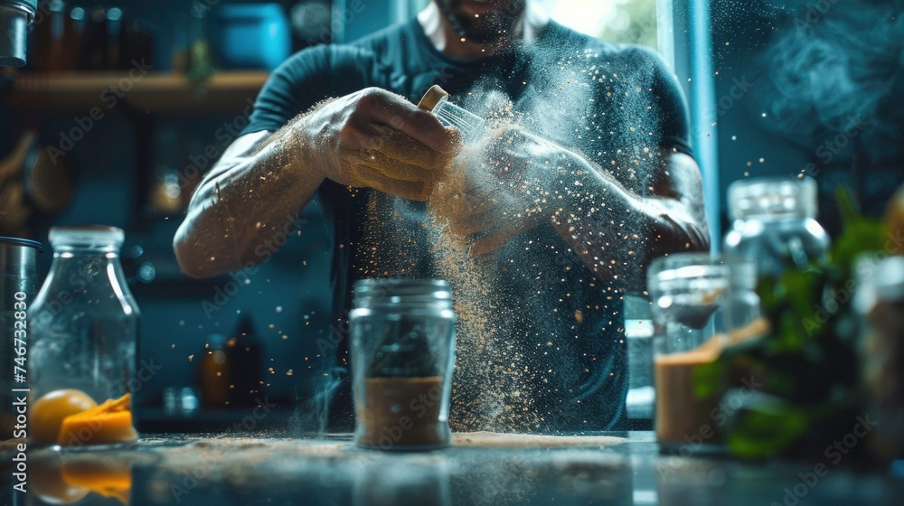 A dynamic fitness scene, where an athlete is preparing a post-workout smoothie with Rhodiola rosea powder, surrounded by other natural supplements