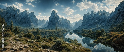 Mountain beautiful landscape. Dense impenetrable forests in a blue haze. Mountain mirror lake. Clouds over a mountain range. Panoramic landscape background.