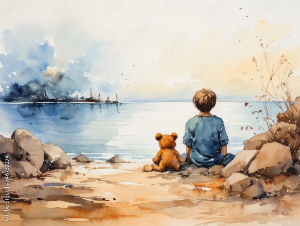 watercolor drawing. a boy and his teddy are sitting alone against the backdrop of nature. river