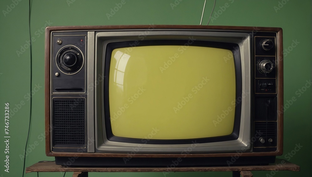 Close Up Footage of a Dated TV Set with light yellow Screen Mock Up Chroma Key Template Display