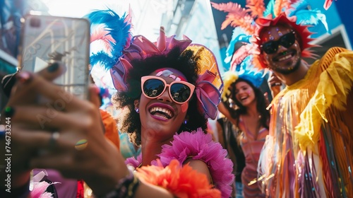 A multinational group of friends takes selfies on a mobile phone in the city at a festival. AI.