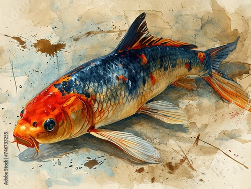 fish tattoo vector illustration, koi, in the style of dark beige and gold, realistic oil paintings, pixel art, bamileke art, kimoicore, texture-rich canvases, sgrafitto photo