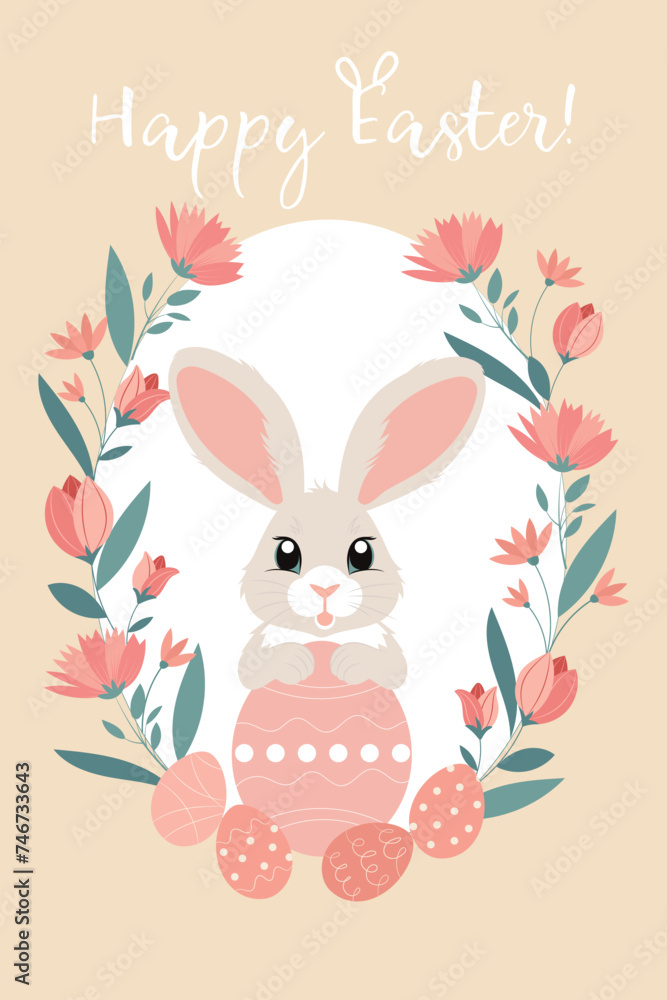 Cute greeting card with cartoon bunny. Trendy Easter design with lettering, bunny, spring flowers, eggs, bunny ears, in pastel colors. Hand drawn vector illustration. Cute greeting card with cartoon bunny. Trendy Easter design with lettering, bunny, spring flowers, eggs, bunny ears, in pastel colors. Hand drawn vector illustration.