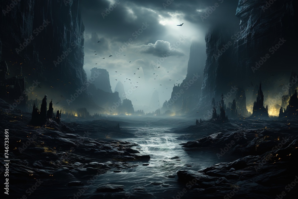 fog and dark landscape with a waterfall, in the style of light silver and dark black, vibrant stage backdrops, post-apocalyptic backdrops, light silver and dark navy, mysterious backdrops, black backg - obrazy, fototapety, plakaty 