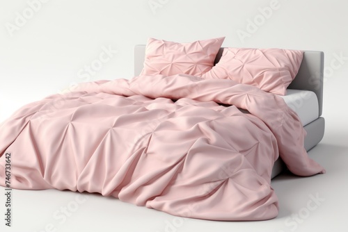 A bed with pink bed linen with a blanket and pillows