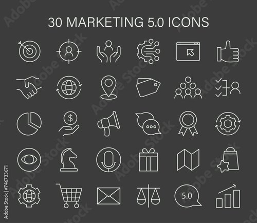 Marketing 5.0 icon set. Essential visual elements representing advanced digital marketing