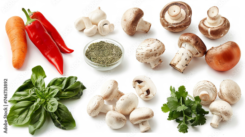 Champignon mushrooms with spices and vegetables on a white isolated background, top view Champignon mushrooms with spices and vegetables on a white isolated background, top view