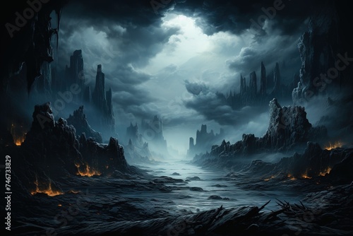fog and dark landscape with a waterfall, in the style of light silver and dark black, vibrant stage backdrops, post-apocalyptic backdrops, light silver and dark navy, mysterious backdrops, black backg