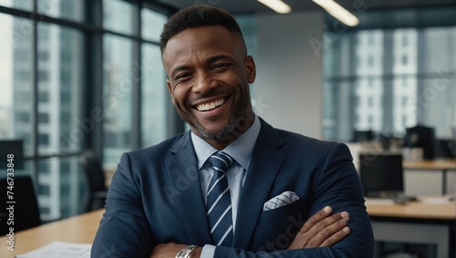 Crossed arms, laugh and face of business black man in office for leadership, funny joke and success, Corporate, manager and portrait of happy person in workplace for ambition, pride and confidence