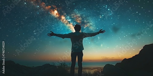 Young mans silhouette with outstretched arms under breathtaking starry sky Recognition. Concept Inspiration, Silhouette, Starry Sky, Young Man, Recognition
