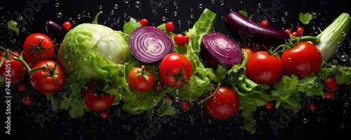 Fresh vegetables . lettuce, tomatoes, onions are flying on a Black  background. Healthy eating. ingredients for cooking the dish.
