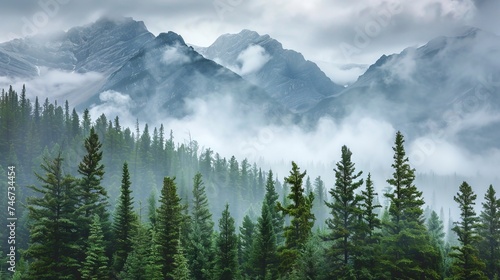 Banff national park foggy mountains and forest in Canada. © Emil