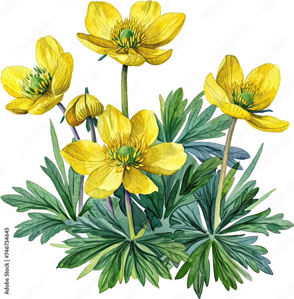 winter aconite, watercolor flowers, watercolor illustration