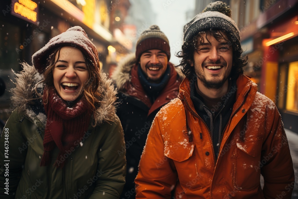 four people laughing and playing in the snow, in the style of urban emotions, travel, grey academia, strong facial expression, street scene, vibrant, lively four people laughing and playing in the snow, in the style of urban emotions, travel, grey academia, strong facial expression, street scene, vibrant, lively