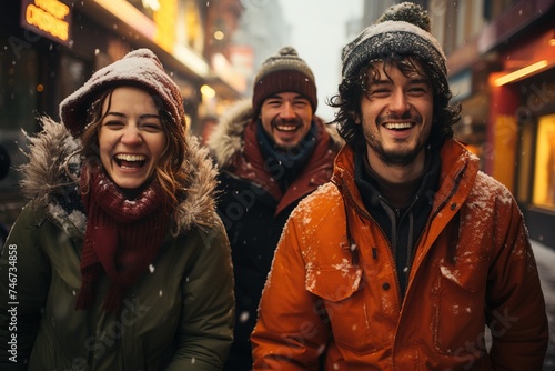 four people laughing and playing in the snow, in the style of urban emotions, travel, grey academia, strong facial expression, street scene, vibrant, lively