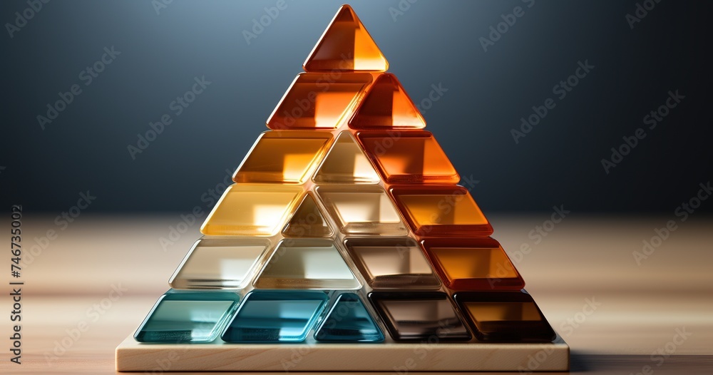 four wooden pyramid to represent leadership, success and leadership in the workplace, in the style of light orange and azure, circular shapes, dau al set, tactile canvases, language-based, back button - obrazy, fototapety, plakaty 