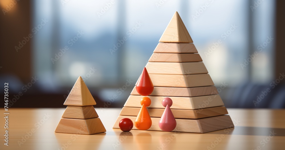 four wooden pyramid to represent leadership, success and leadership in the workplace, in the style of light orange and azure, circular shapes, dau al set, tactile canvases, language-based, back button - obrazy, fototapety, plakaty 