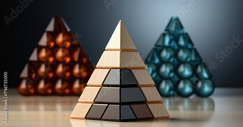 four wooden pyramid to represent leadership, success and leadership in the workplace, in the style of light orange and azure, circular shapes, dau al set, tactile canvases, language-based, back button