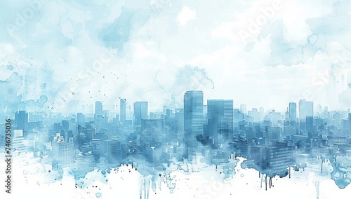 a watercolor painting of a city with blue sky surrounded and grey buildings Generative AI