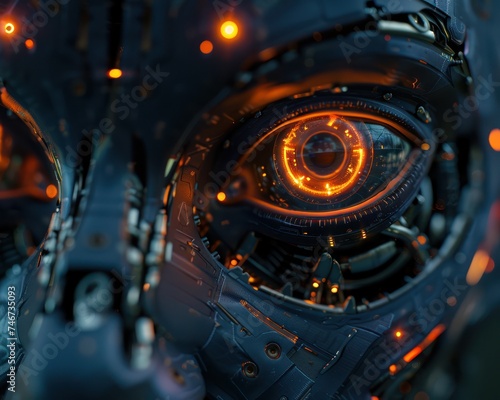 The glowing eyes of a robotic being, its artificial intelligence sparking a sense of curiosity and wonder