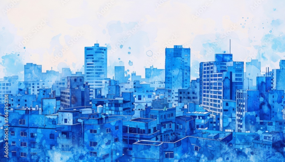 a watercolor painting of buildings in blue Generative AI