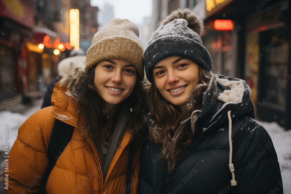 friends wearing snow gear and walking in winter picture royalty free, in the style of city portraits, happycore friends wearing snow gear and walking in winter picture royalty free, in the style of city portraits, happycore