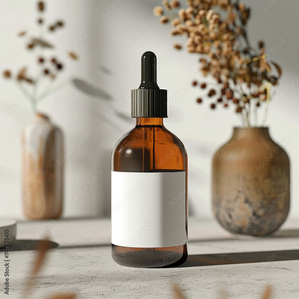 Naklejka premium Chic amber glass bottle with dropper and blank label, placed on a minimalist table. Great for showcasing skincare serums, beauty product advertisements, or wellness promotions