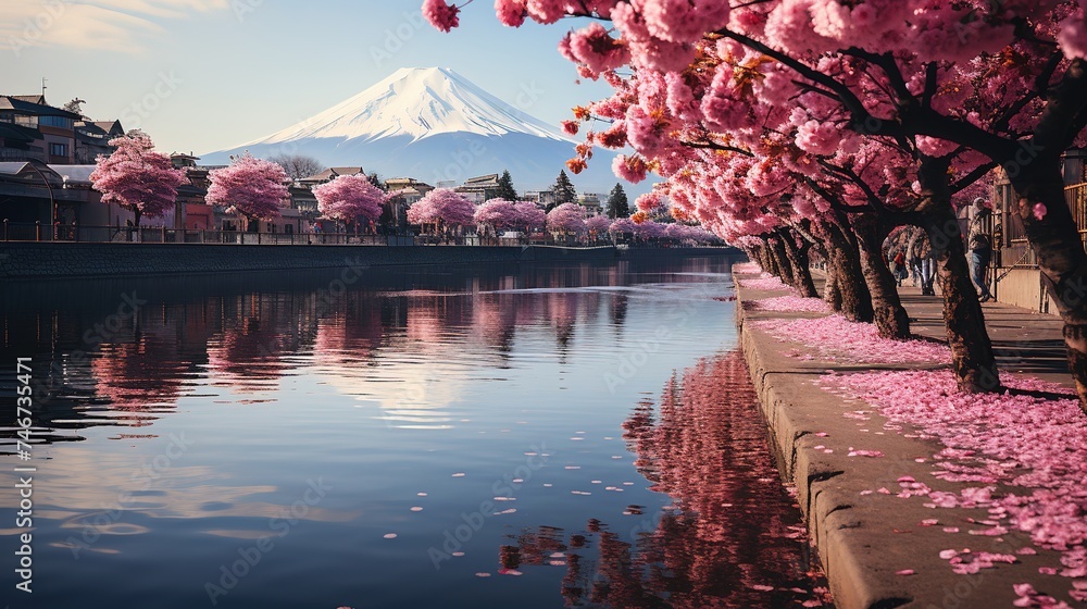 fuji 4 nights, 2 days tour, in the style of turquoise and crimson, cherry blossoms, grandiose cityscape views, orient-inspired, multilayered, cultural hybridity - obrazy, fototapety, plakaty 
