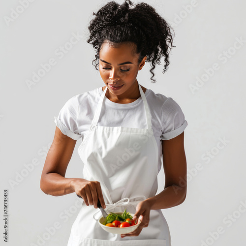 Sophisticated black woman presenting a white apron in a cooking scene. Perfect for showcasing kitchen accessories, culinary events, or promoting cooking classes. photo