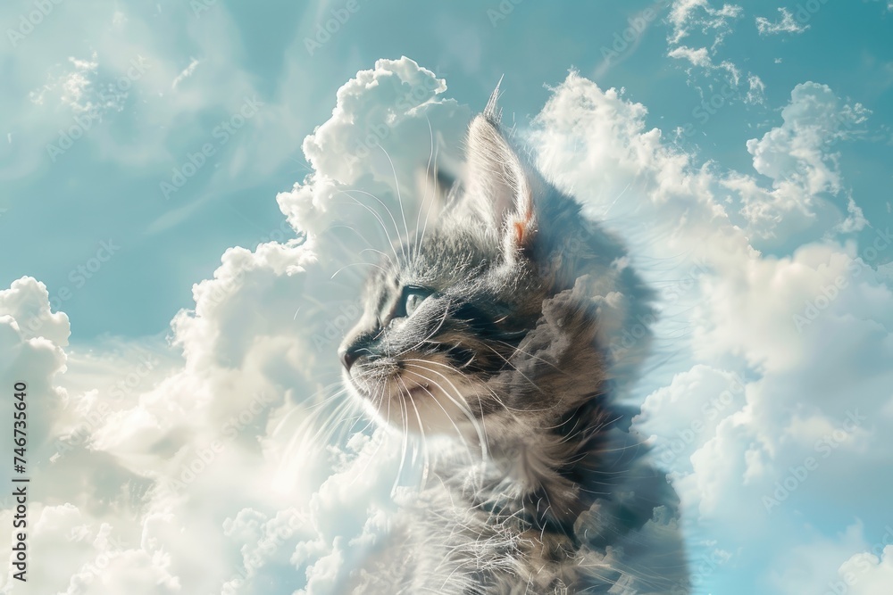 A playful kitten merged with the texture of soft, fluffy clouds drifting across a blue sky in a double exposure - obrazy, fototapety, plakaty 