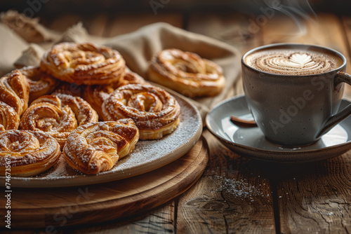 Inviting tabletop scene with Palmiers and coffee on rustic table. Perfect for cafe promotions, breakfast menus, or enticing culinary advertisements.