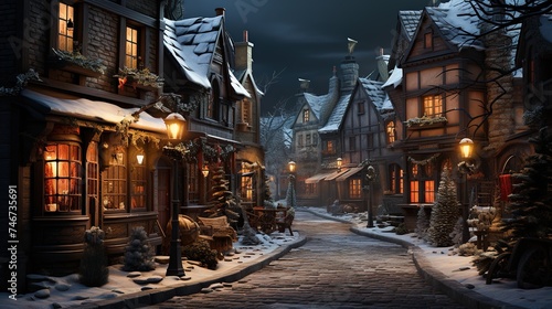 full hd winter street in winter with snowman in a town at night, in the style of photo-realistic landscapes, villagecore, detailed miniatures © Smilego