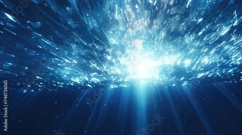 A serene underwater scene with sunlight beaming through the ocean