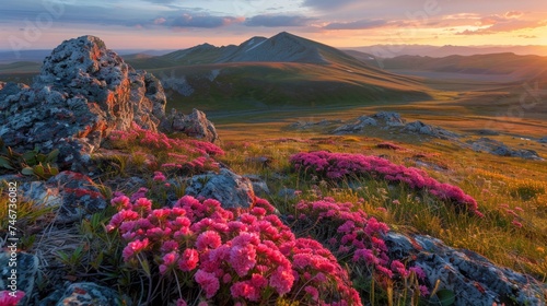 A serene landscape of the Siberian mountains, with Rhodiola rosea plants blooming on the rugged slopes, the scene bathed in the golden glow of the sunset photo