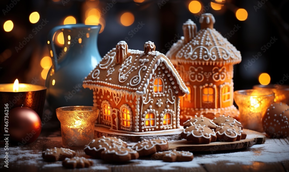 gingerbread house in christmas lights, in the style of light orange and azure, spectacular backdrops, detailed still lifes, bokeh panorama, rusticcore