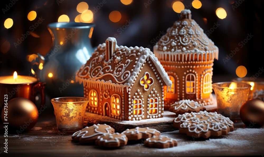 gingerbread house in christmas lights, in the style of light orange and azure, spectacular backdrops, detailed still lifes, bokeh panorama, rusticcore gingerbread house in christmas lights, in the style of light orange and azure, spectacular backdrops, detailed still lifes, bokeh panorama, rusticcore