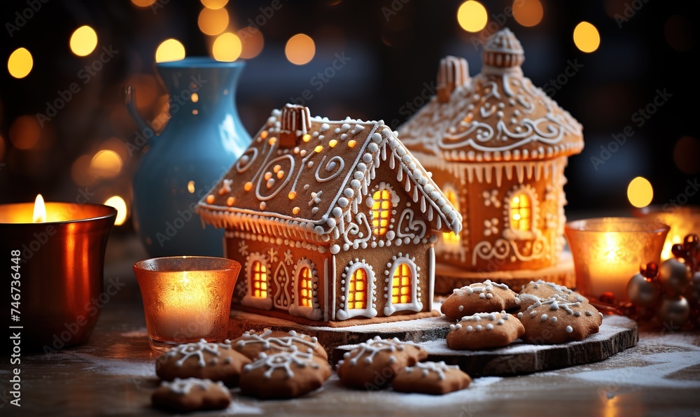 gingerbread house in christmas lights, in the style of light orange and azure, spectacular backdrops, detailed still lifes, bokeh panorama, rusticcore