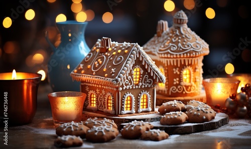 gingerbread house in christmas lights  in the style of light orange and azure  spectacular backdrops  detailed still lifes  bokeh panorama  rusticcore
