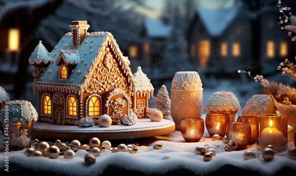 gingerbread house on a table next to christmas lights, in the style of light sky-blue and amber, digital manipulation, detailed backgrounds, villagecore, spatial, konica big mini gingerbread house on a table next to christmas lights, in the style of light sky-blue and amber, digital manipulation, detailed backgrounds, villagecore, spatial, konica big mini