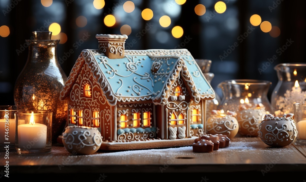 gingerbread house on a table next to christmas lights, in the style of light sky-blue and amber, digital manipulation, detailed backgrounds, villagecore, spatial, konica big mini gingerbread house on a table next to christmas lights, in the style of light sky-blue and amber, digital manipulation, detailed backgrounds, villagecore, spatial, konica big mini