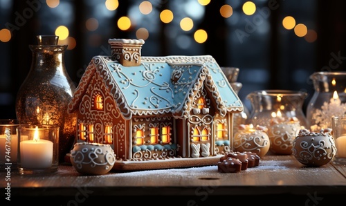 gingerbread house on a table next to christmas lights, in the style of light sky-blue and amber, digital manipulation, detailed backgrounds, villagecore, spatial, konica big mini