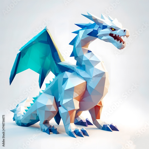 a crystal blue 3D dragon, digital art, white background 02