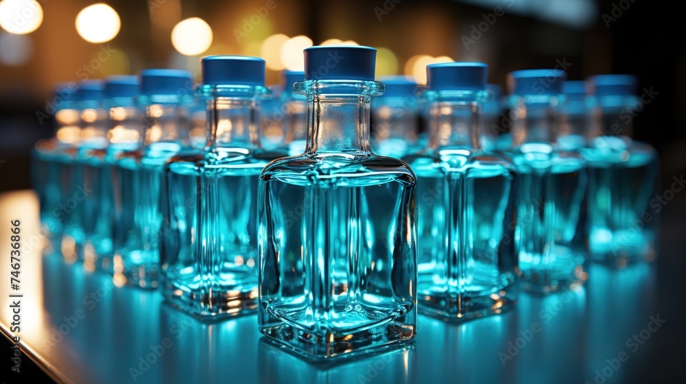 glass bottles in an upright position, in the style of quiet potency, neo-plasticist, quantum wavetracing, soft-focus, drugcore glass bottles in an upright position, in the style of quiet potency, neo-plasticist, quantum wavetracing, soft-focus, drugcore