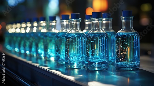 glass bottles in a laboratory, in the style of blurred imagery, photorealistic pastiche, uhd image, commission for, gray and azure