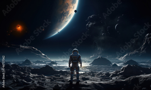 Spaceman or astronaut on the surface of moon.