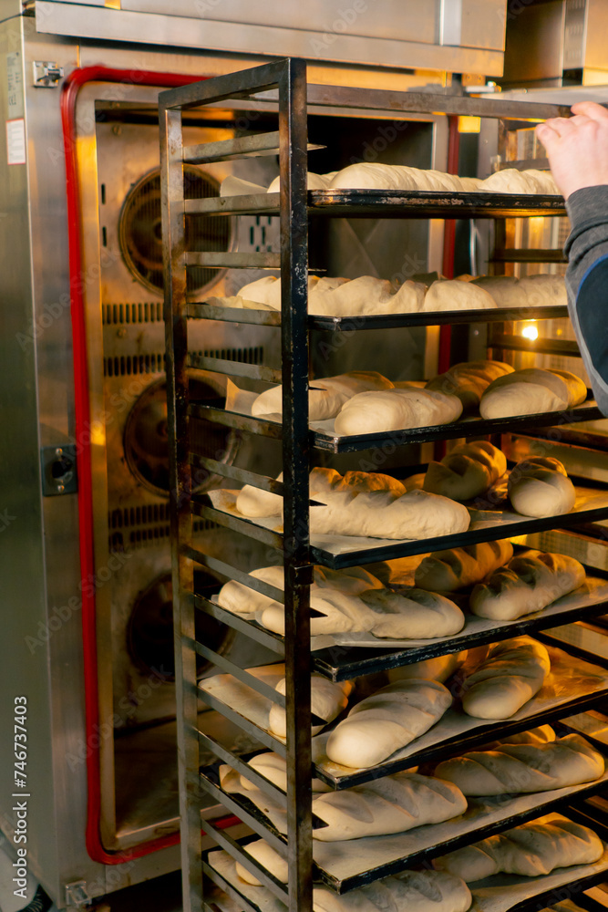 in professional kitchen an inclusive baker opens the oven and carries a rack with bread