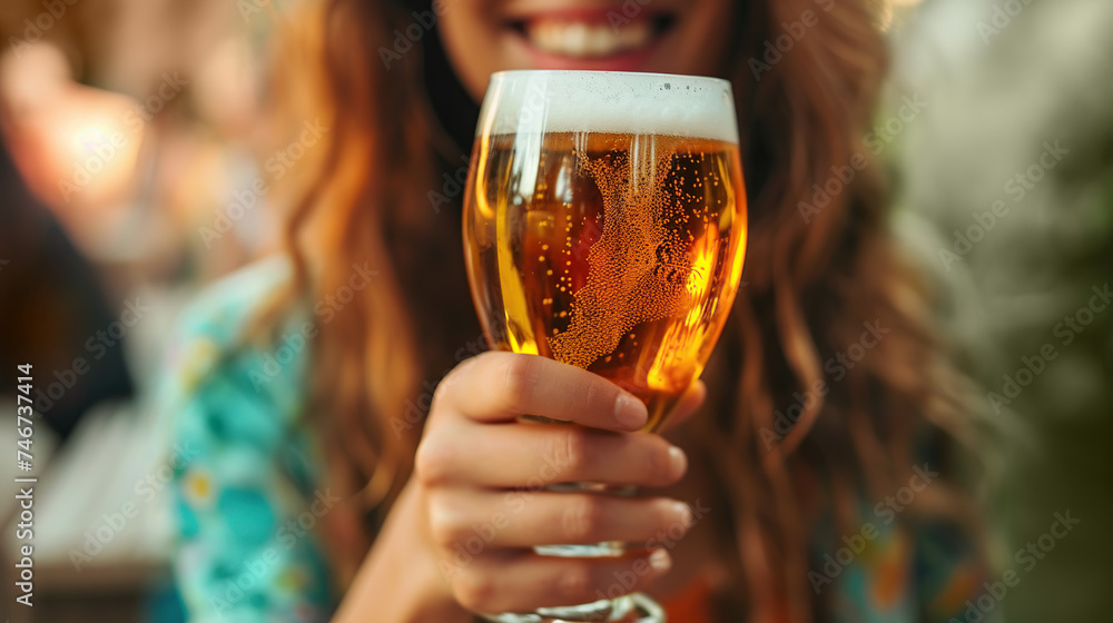.the girl's hand is holding a glass of beer, she is smiling .the girl's hand is holding a glass of beer, she is smiling