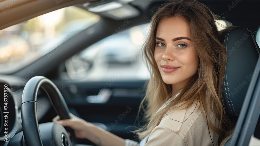 A beautiful young woman is driving a car A beautiful young woman is driving a car