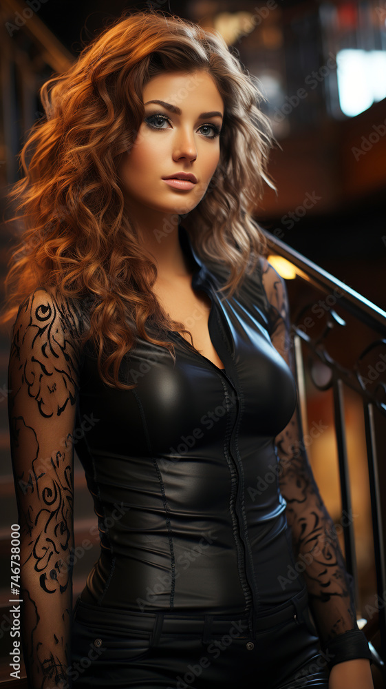 Beautiful young sexy woman model in black tight-fitting clothes. Slender blonde woman wears black tight-fitting clothes. The model is a slender young girl, European in black tight-fitting clothes.